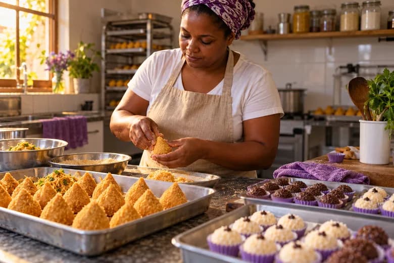 Pessoa preparando doces e salgados em uma cozinha de pequeno negócio