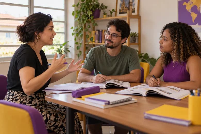 Profissional ensinando idiomas para uma pequena equipe em uma sala brasileira