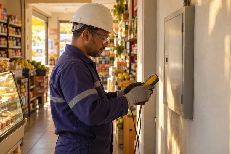 Profissional de manutenção elétrica trabalhando em um pequeno comércio